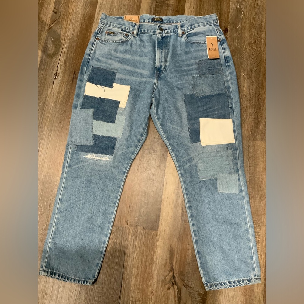 New Polo Ralph Lauren The Avery Boyfriend Blue Jeans Patchwork Women's Sz 32